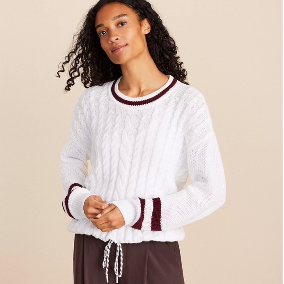 Lou & Grey Sweaters - Lou & Grey White Cable Knit Varsity Stripe Cotton Sweater Drawstring Women's LG